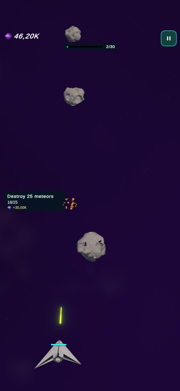 Cosmius gameplay with meteors, quests, and player ship