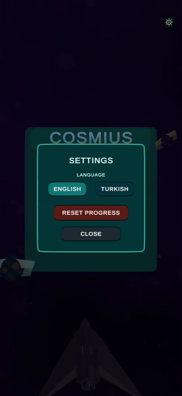 Cosmius settings with language and reset progress controls