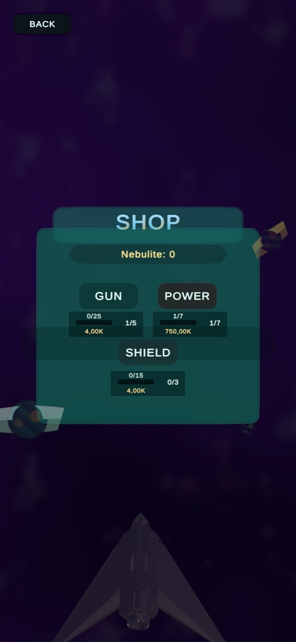 Cosmius shop with gun, power, and shield upgrades