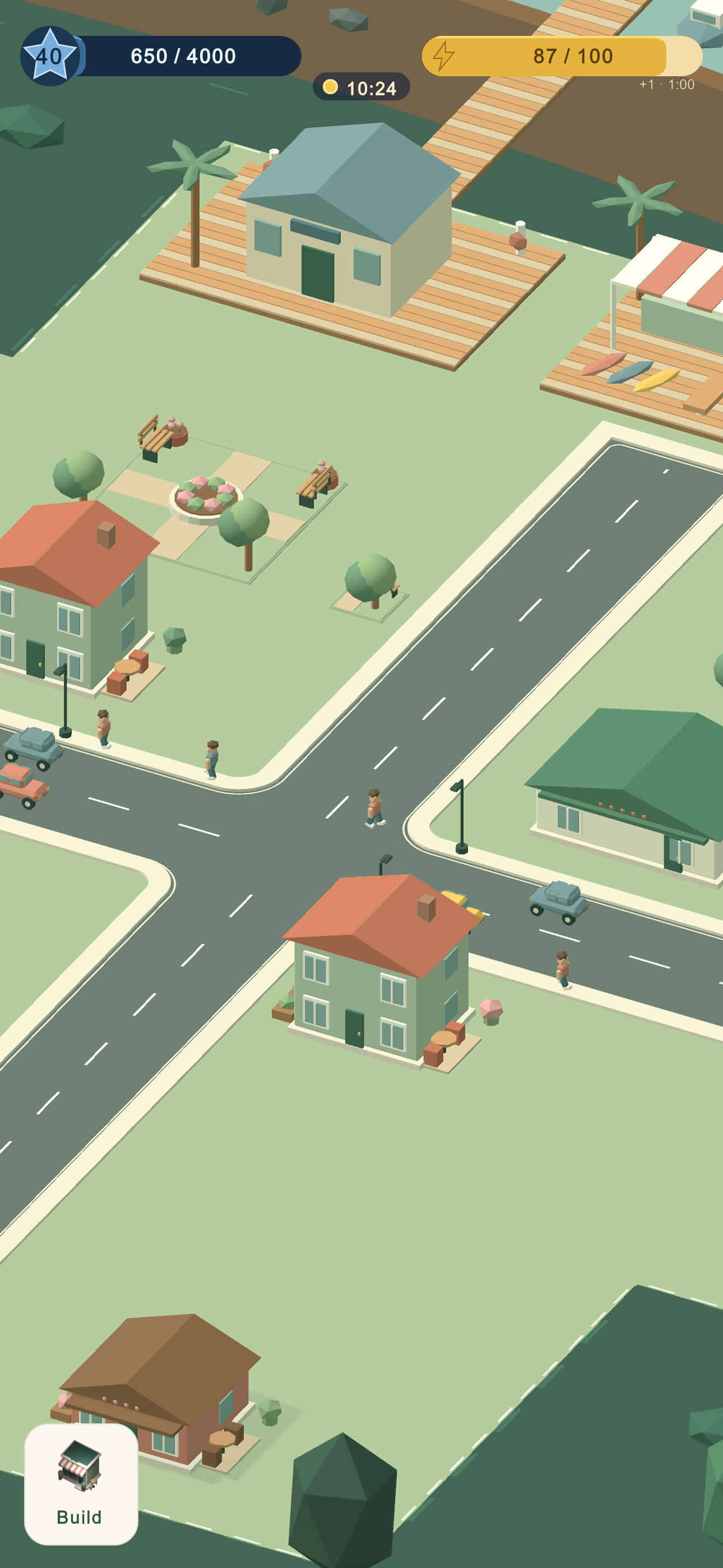 A Mergopolis neighborhood with homes, parks, and roads