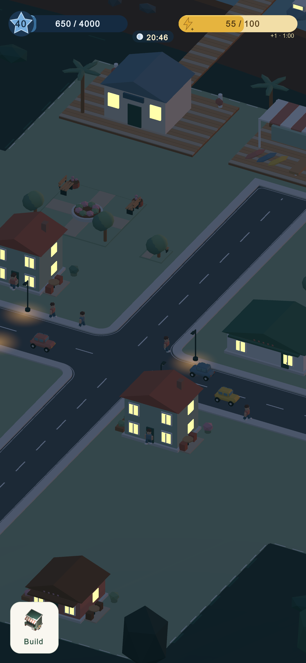 Town buildings and streetlights glowing at night